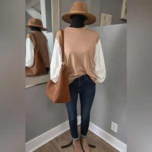 NWT Story Color Block Modern Boho Minimalist Top Puff Sleeve Neutral Tan Small